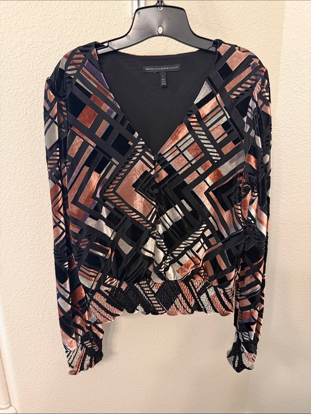 White House Black Market Black, Copper & Silver Geometric Velvet Wrap Blouse